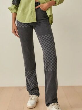 Reformation Black Cynthia Shadow Checked High Rise Straight Leg Jeans Size 27